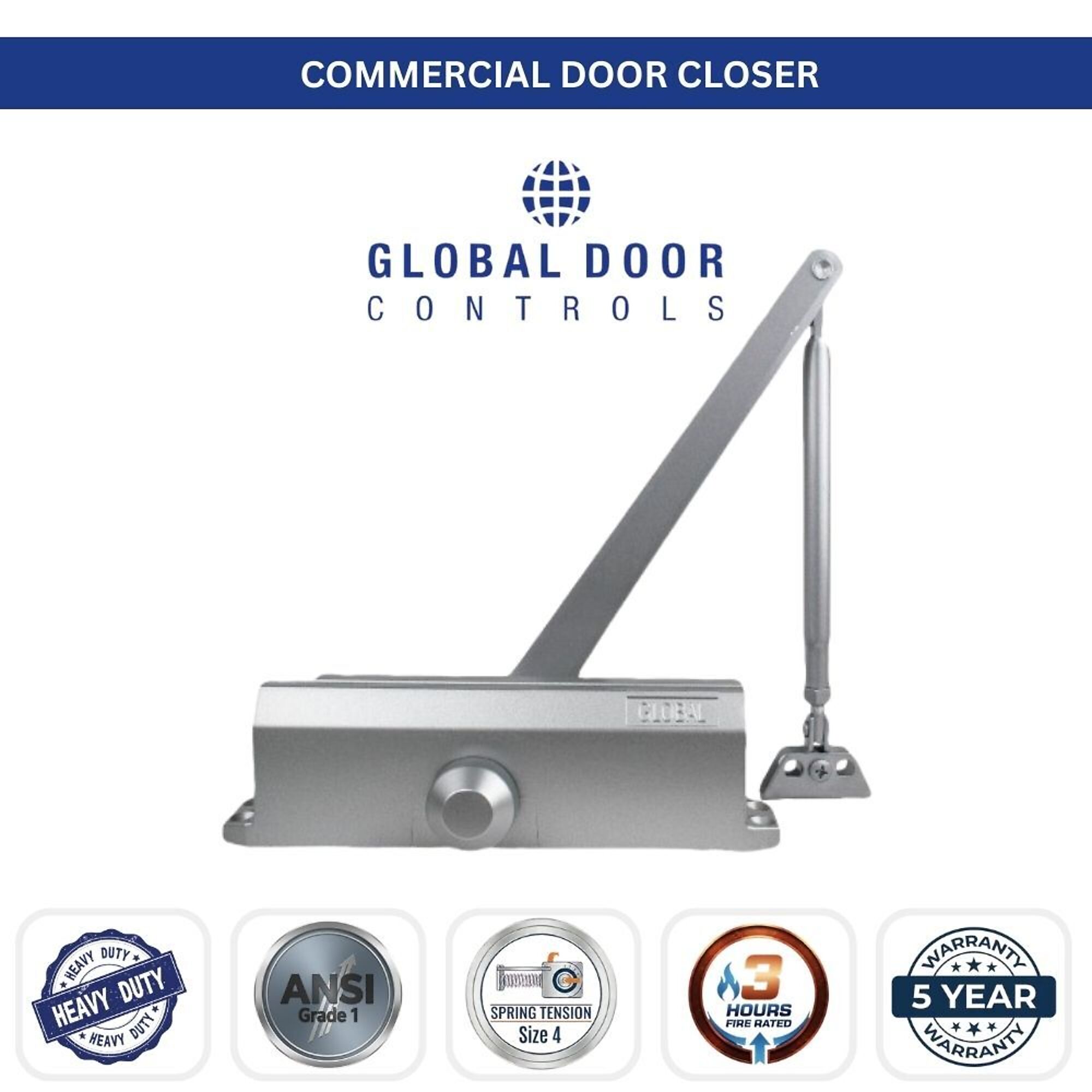 Global Door Controls, Standard Streamline Commercial Grade 1 Door Closer in Aluminum with Backcheck - Size 4, #TC204-BC-AL